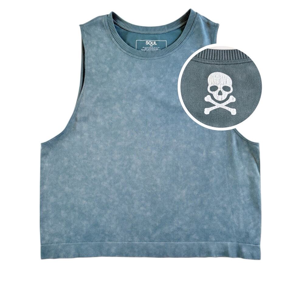 SOUL SoulCycle Cropped Muscle Tank Womens XS Boxy Skull Graphic Teal Acid Gym